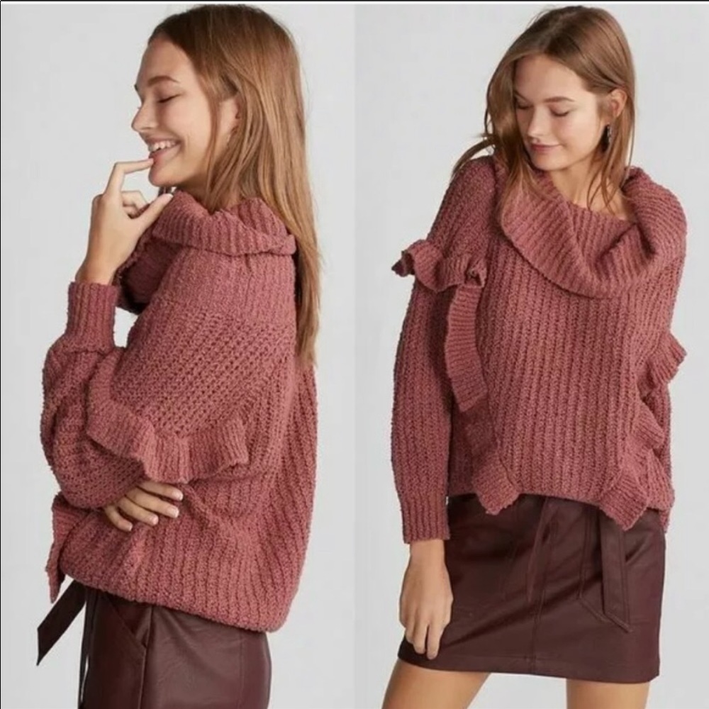 Express Cowl Neck Knit Sweater with Ruffle Detail